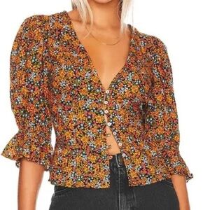 Free People I Found You Button Front Multi Floral Puff Sleeve Top XS‎